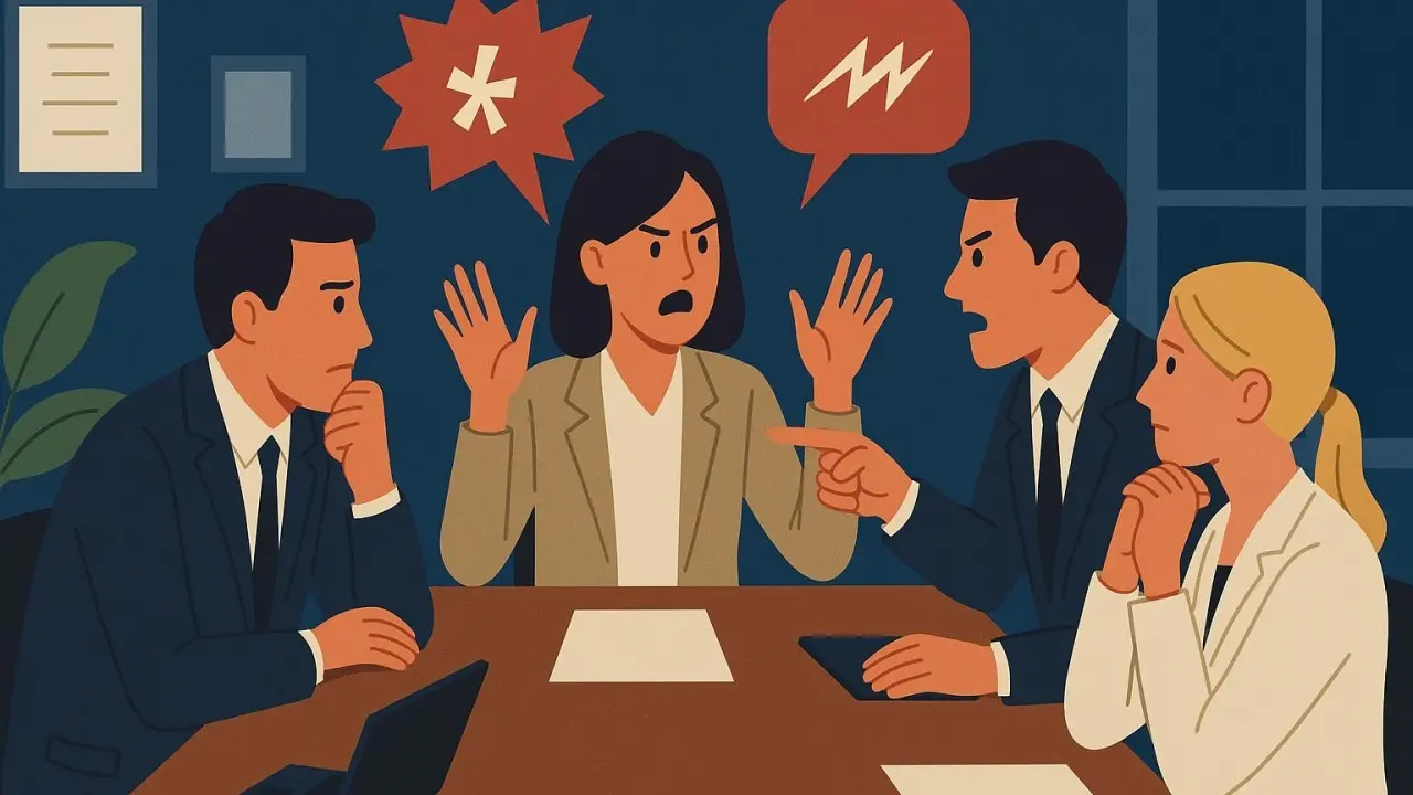 Illustration of a tense office meeting with four people in conflict, representing workplace disagreement and poor communication.