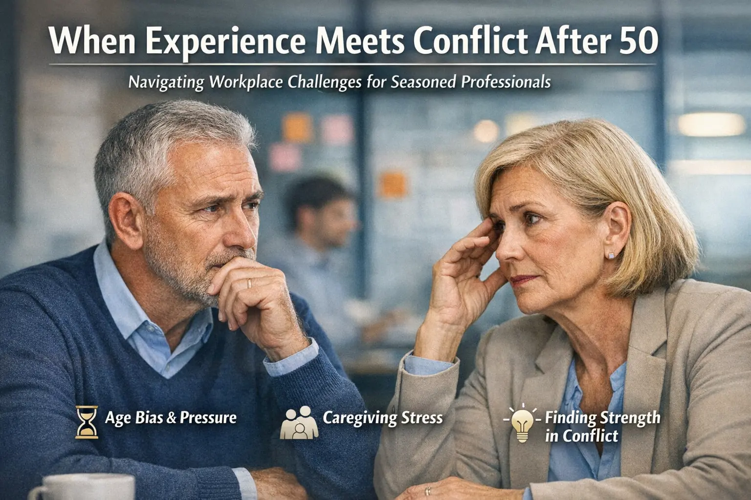 Seasoned professionals navigating workplace conflict with reflection and emotional awareness.