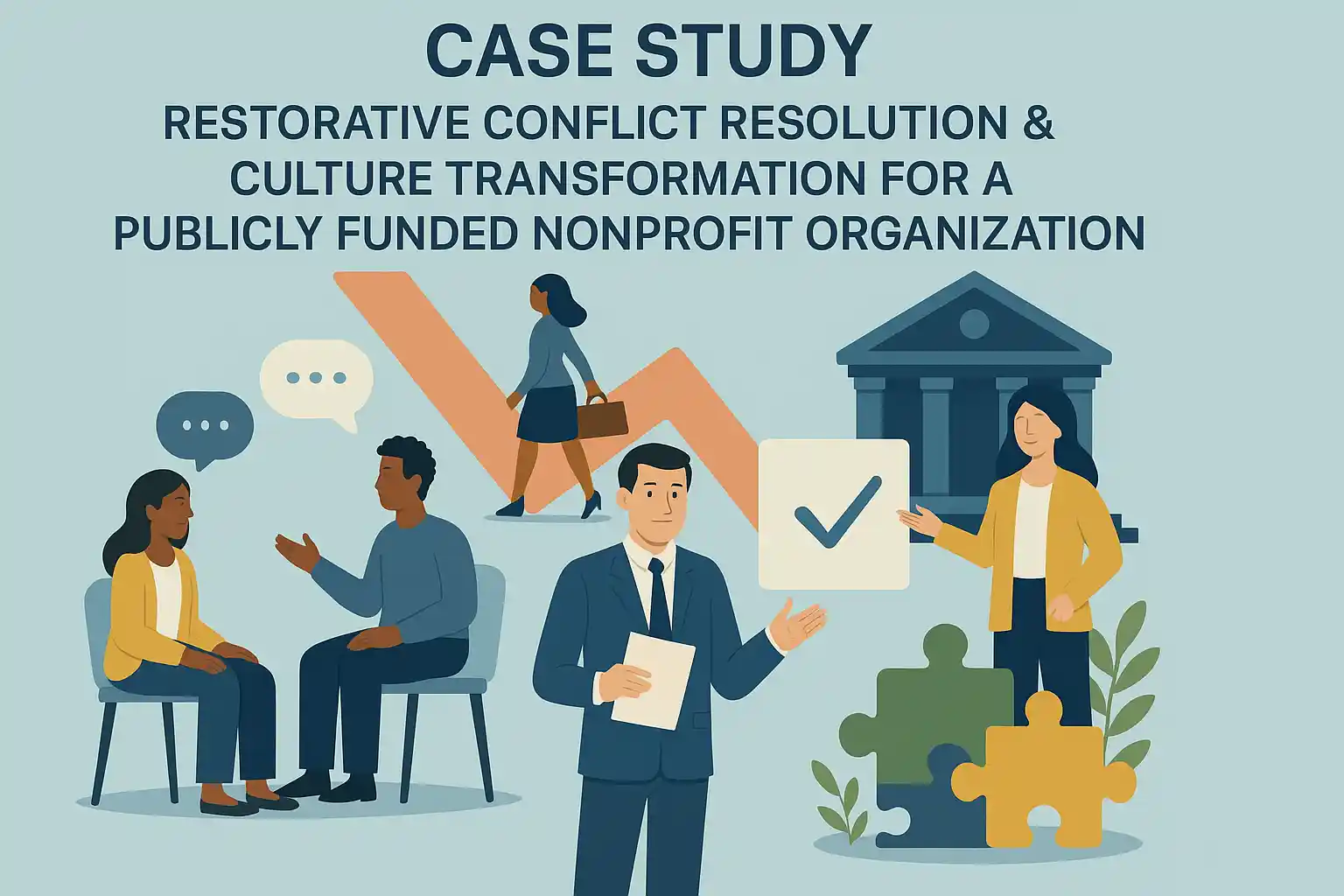 Illustration showing restorative conflict resolution and leadership transition in a publicly funded nonprofit organization, with professionals in dialogue, government building, and puzzle pieces symbolizing organizational transformation