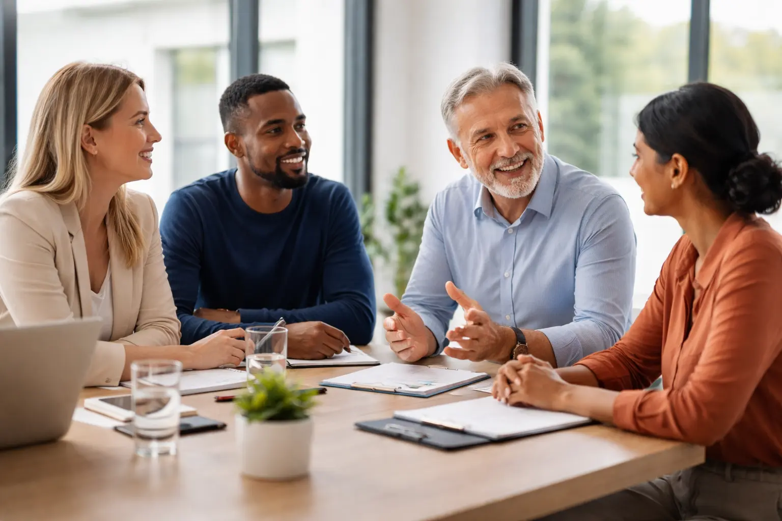 Professionals engaged in a calm, respectful workplace conversation built on trust and clarity